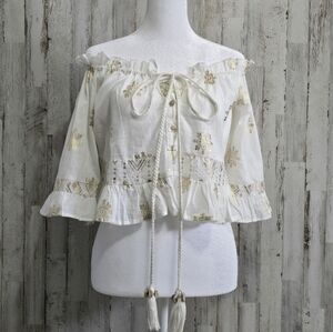 Aqua Swim White Gold Metallic  Boho Seashells Crop Top Swimsuit Cover Up  Medium